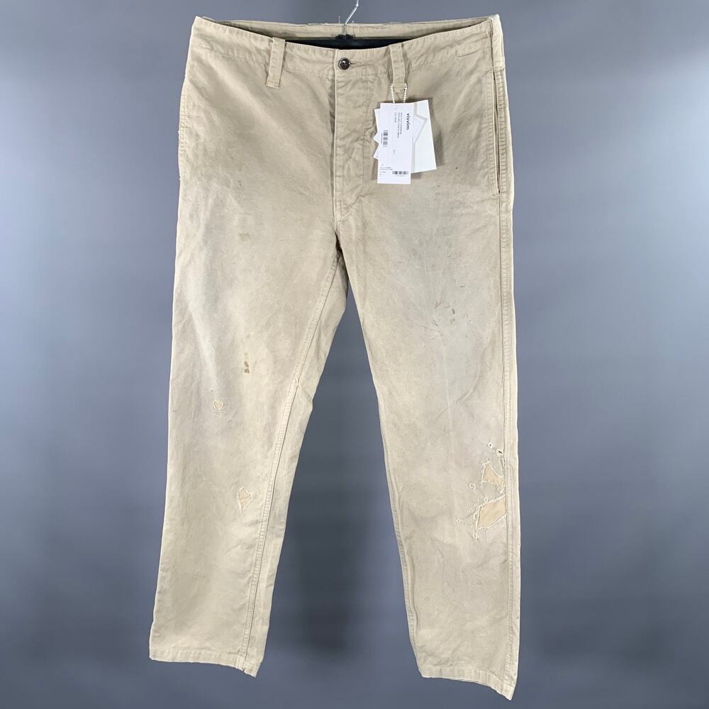 VISVIM Size L Khaki Distressed Cotton Button Fly Casual Pants